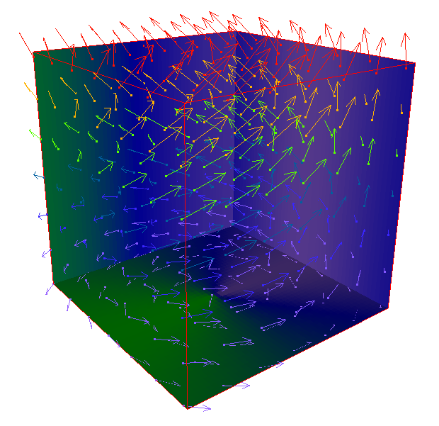 A vector plot displays lines or arrows indicating the direction and magnitude indicated by the components of a 3D grid or point data set.